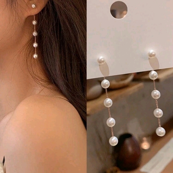 Minimalist Titanium Steel faux Pearl Tassel Chain Earrings, for‎ women - Picture 1 of 4